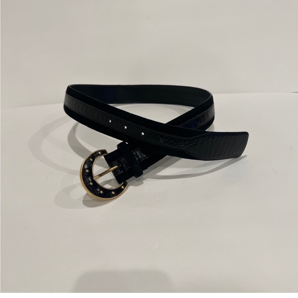 Vintage Carlisle Black Croc on Suede Belt Gold Ornamental Buckle Large And M - Picture 6 of 9